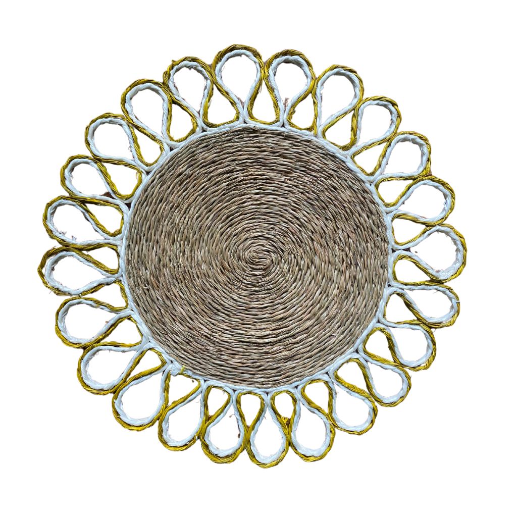 Natural Lutindzi Grass Placemat with Mustard Yellow and White Scalloped Edge