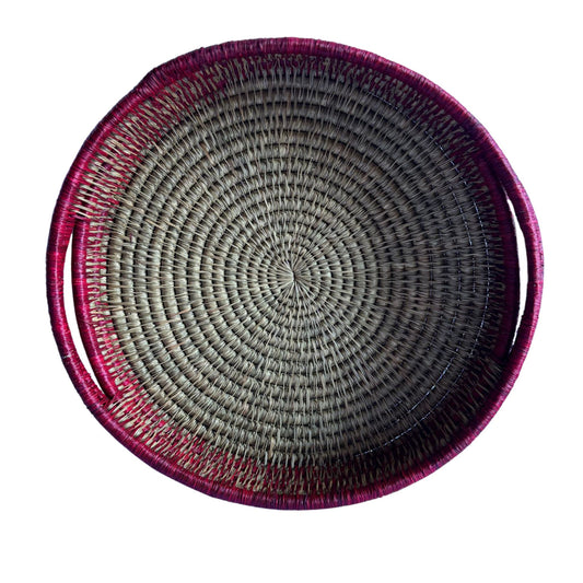 Tweed Trim Round Grass Woven Tray with handles