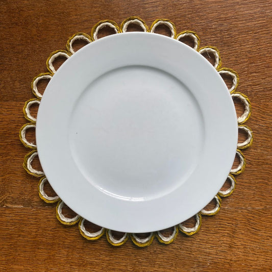 Natural Lutindzi Grass Placemat with Mustard Yellow and White Scalloped Edge