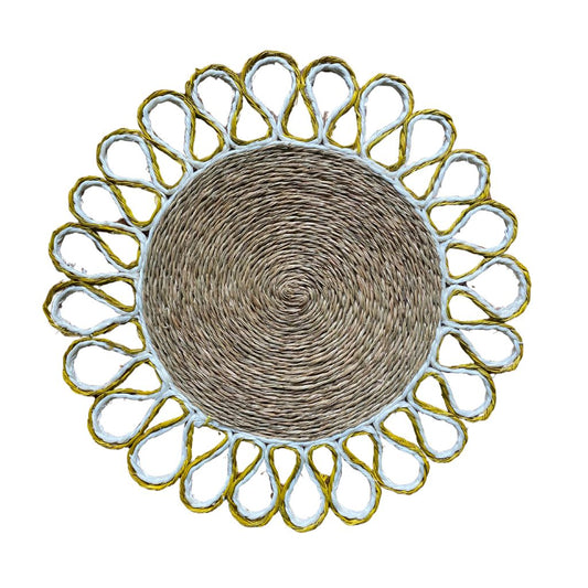Natural Lutindzi Grass Placemat with Mustard Yellow and White Scalloped Edge