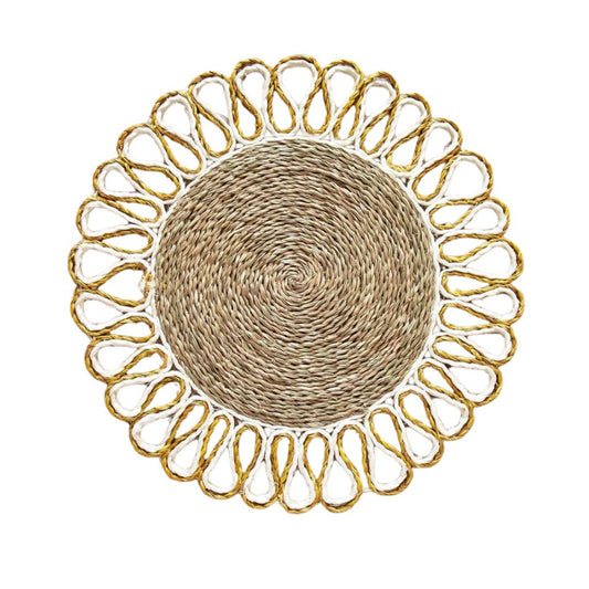 Natural Lutindzi Grass Placemat with Mustard Yellow and White Scalloped Edge