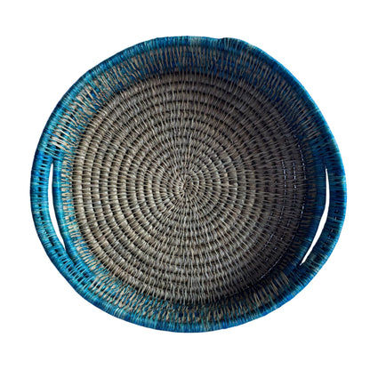 Tweed Trim Round Grass Woven Tray with handles