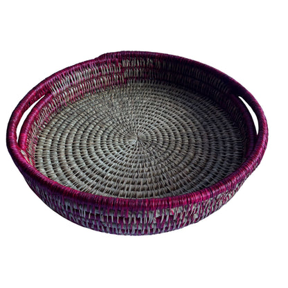 Tweed Trim Round Grass Woven Tray with handles