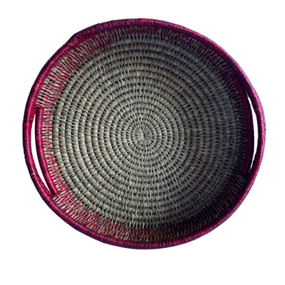 Tweed Trim Round Grass Woven Tray with handles