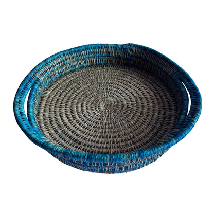 Tweed Trim Round Grass Woven Tray with handles